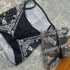 Black and White Paisley Bikini Set.Face mask 6 pieces.